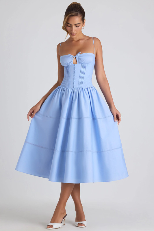 Lace-Trim Pintucked Poplin Midaxi Dress in Sky Blue - UK Size:10